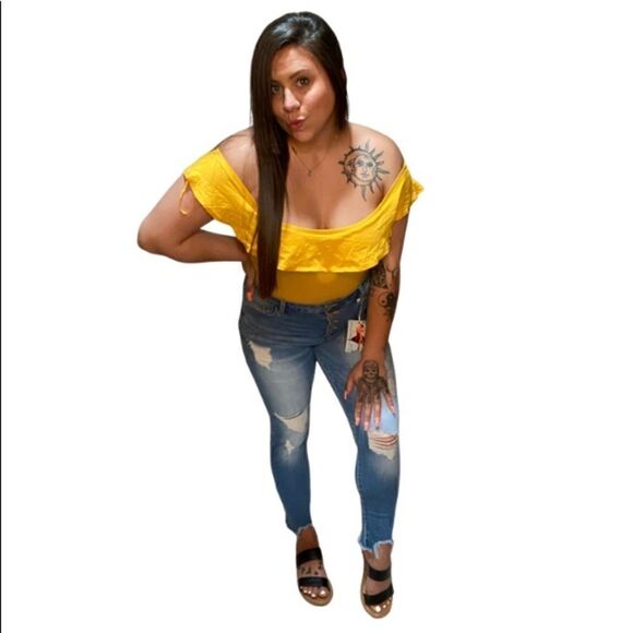 73. Flounced off-the-shoulder bodysuit in Yellow - Picture 2 of 4